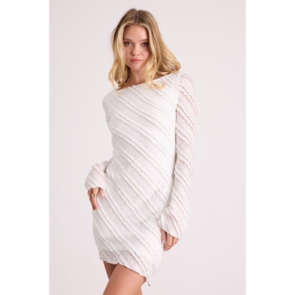 Lulus Amy Cream Textured Long Sleeve Asymmetrical Mini Dress White - Size L
